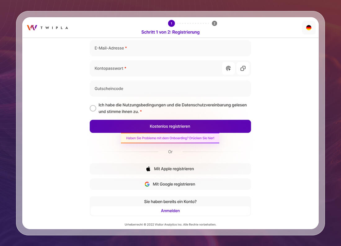 Ein Screenshot des aktualisierten Onboarding-Prozesses von TWIPLA