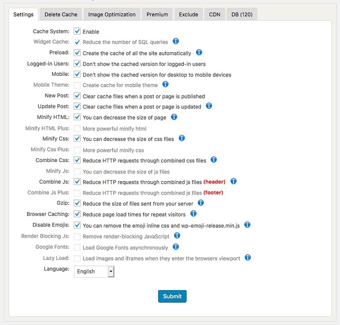 Screenshot of WP Fastest Cache Settings