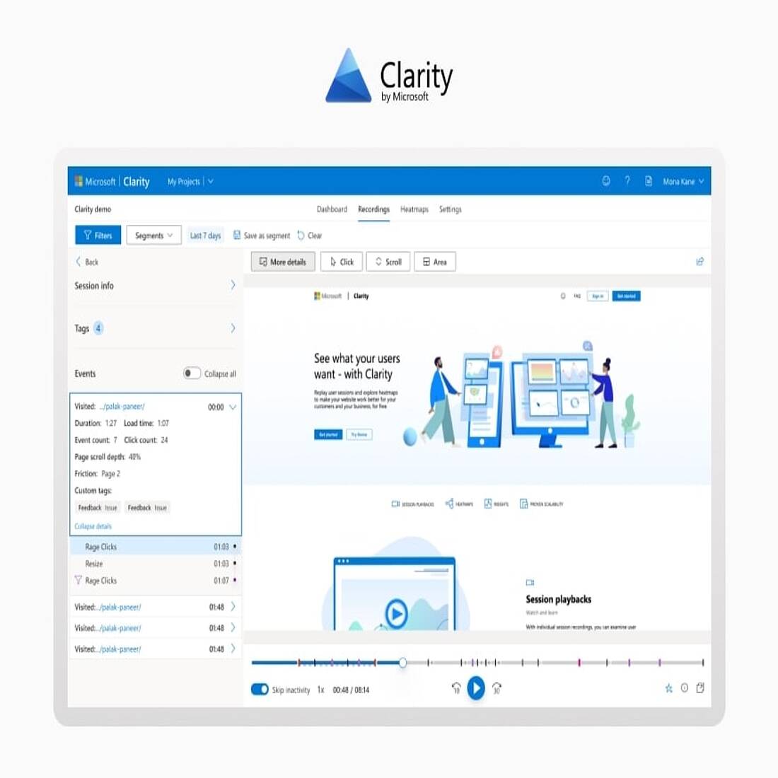 So sieht die Oberfläche der Sitzungswiedergabe von Microsoft Clarity aus