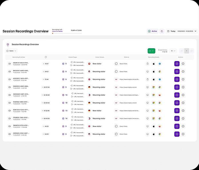 Session recordings - every user video available - TWIPLA Website Intelligence