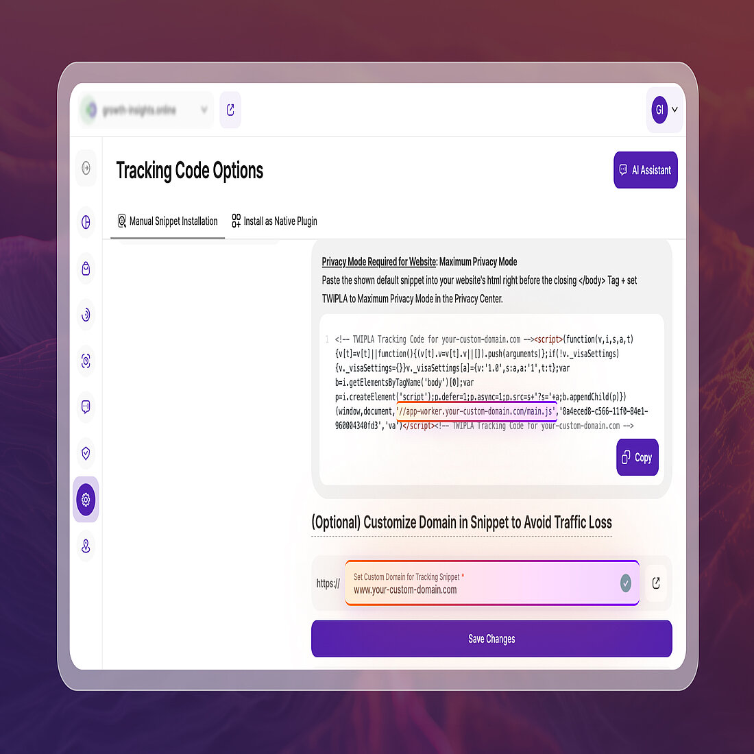 Custom Domains Now Supported for the Tracking Code Tracking Code Options screen showing the ability to customise the tracking snippet with a user’s own domain or subdomain
