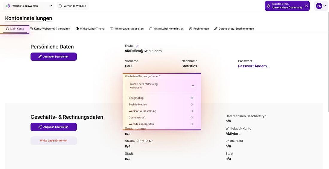 TWIPLA zusätzliche Informationen zu den Kontoeinstellungen