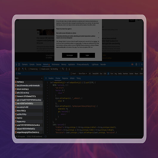 Browser DevTools Showing Script Loading Is Not Evidence of Fingerprinting Browser developer tools showing bundled JavaScript files loaded during initial page load while a consent banner is displayed, illustrating that script loading alone does not indicate fingerprinting or visitor identification