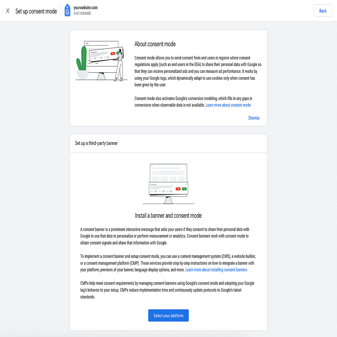 Google Analytics 4 Consent Mode Setup Interface Google Analytics 4 interface displaying options for setting up consent mode and installing a third-party consent banner.