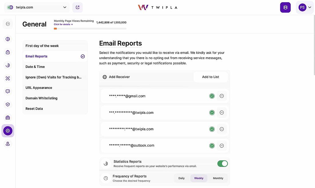 Screenshot of TWIPLA's Email Report Settings View