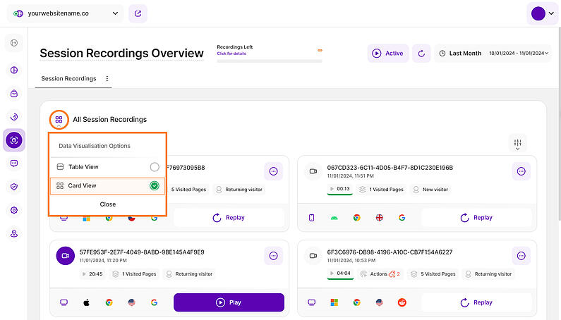 Card view of the Session Recordings