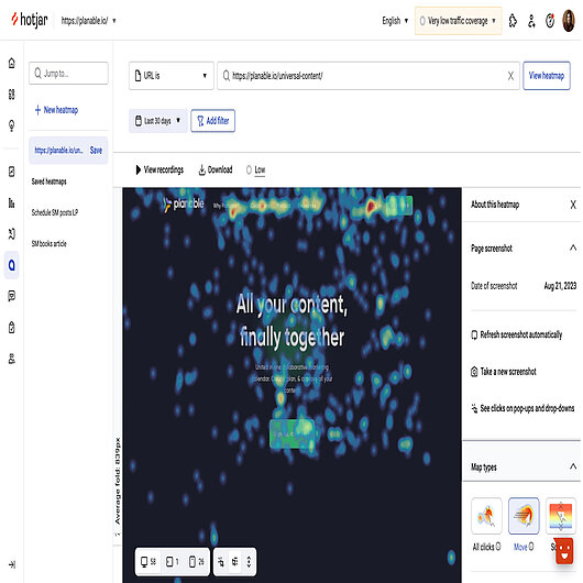 Hotjar Heatmaps Screenshot of Hotjar’s heatmap tool showing click activity across a webpage
