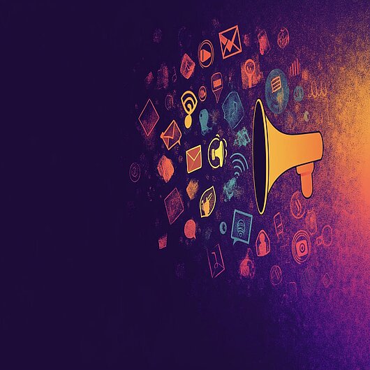 Website Engagement Content Formats Illustration Megaphone surrounded by digital content icons representing interactive formats and audience engagement