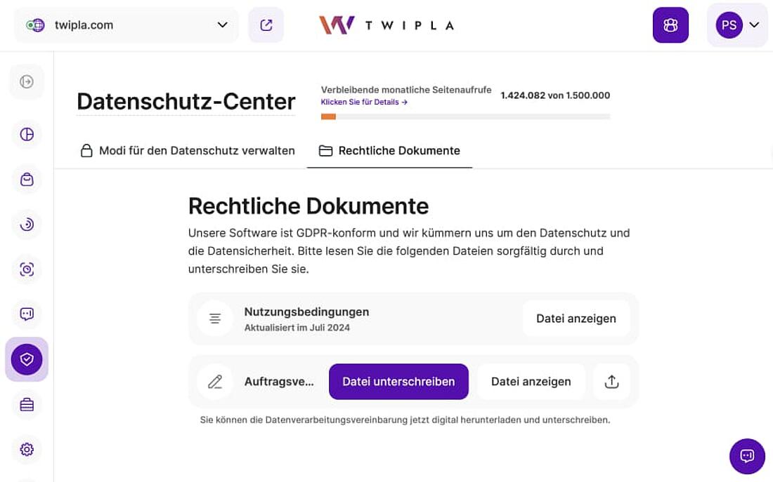 Screenshot des Datenschutzcenters von TWIPLA