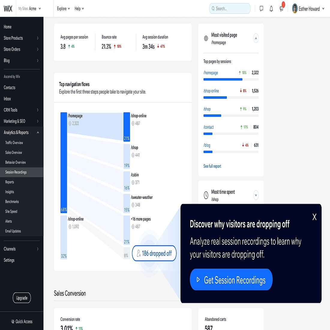 This feature helps users quickly identify and resolve key issues in the customer journey to improve conversions and user experience Wix Studios session recording access points