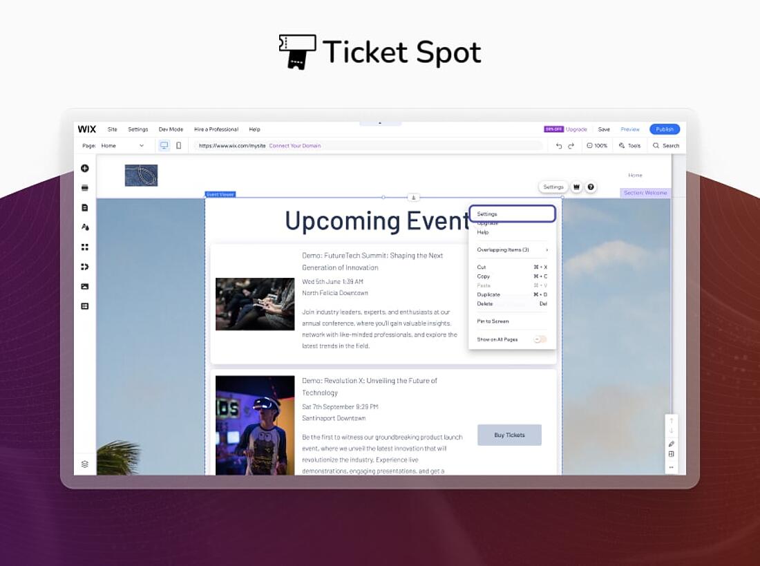 Screenshot Wix plugins Ticket Spot interface