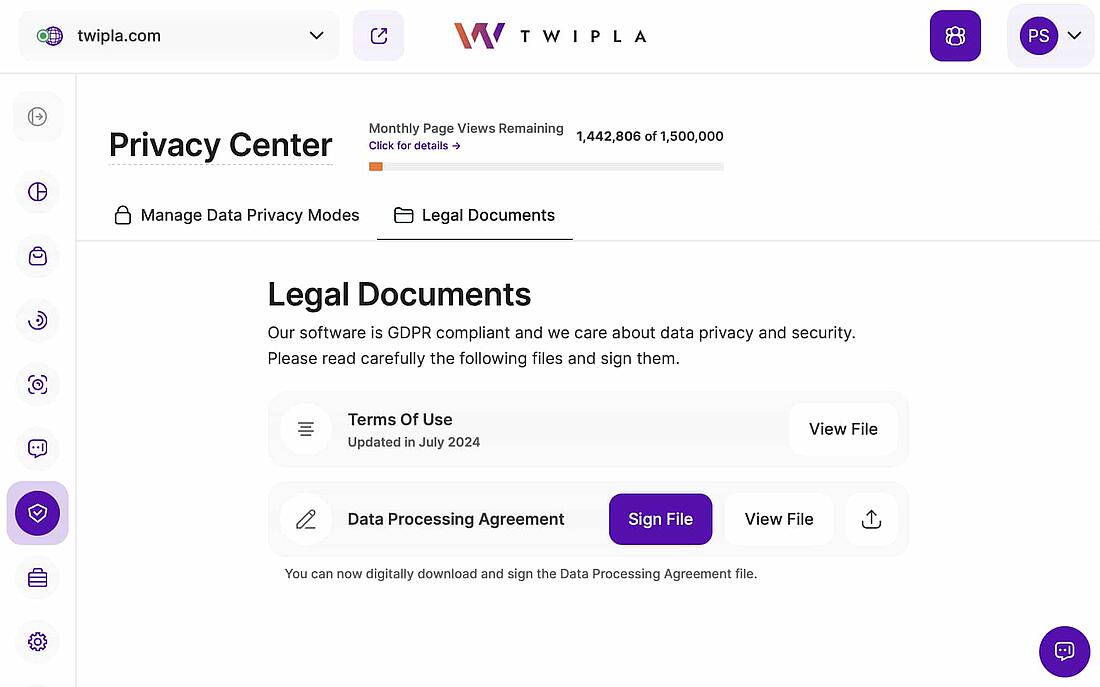 Screenshot of TWIPLA's Privacy Center