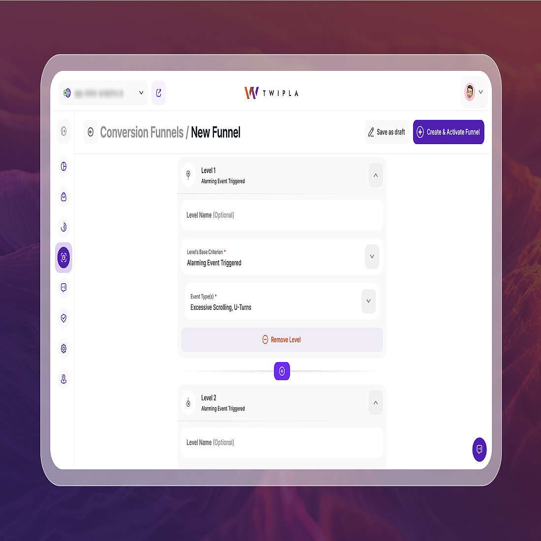 Create Flexible Funnels from Any Tracked Event in TWIPLA TWIPLA funnel creation screen showing customizable funnel levels based on different event types.