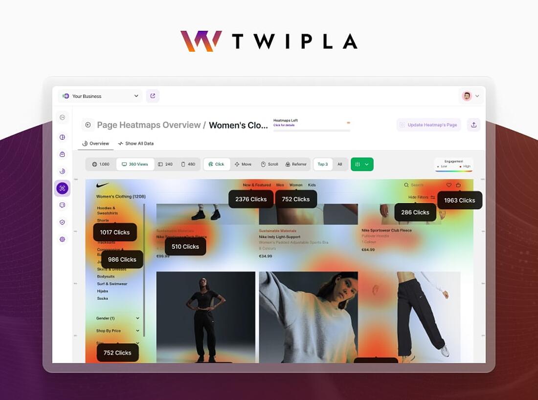 Screenshot Wix plugins TWIPLA heatmaps interface