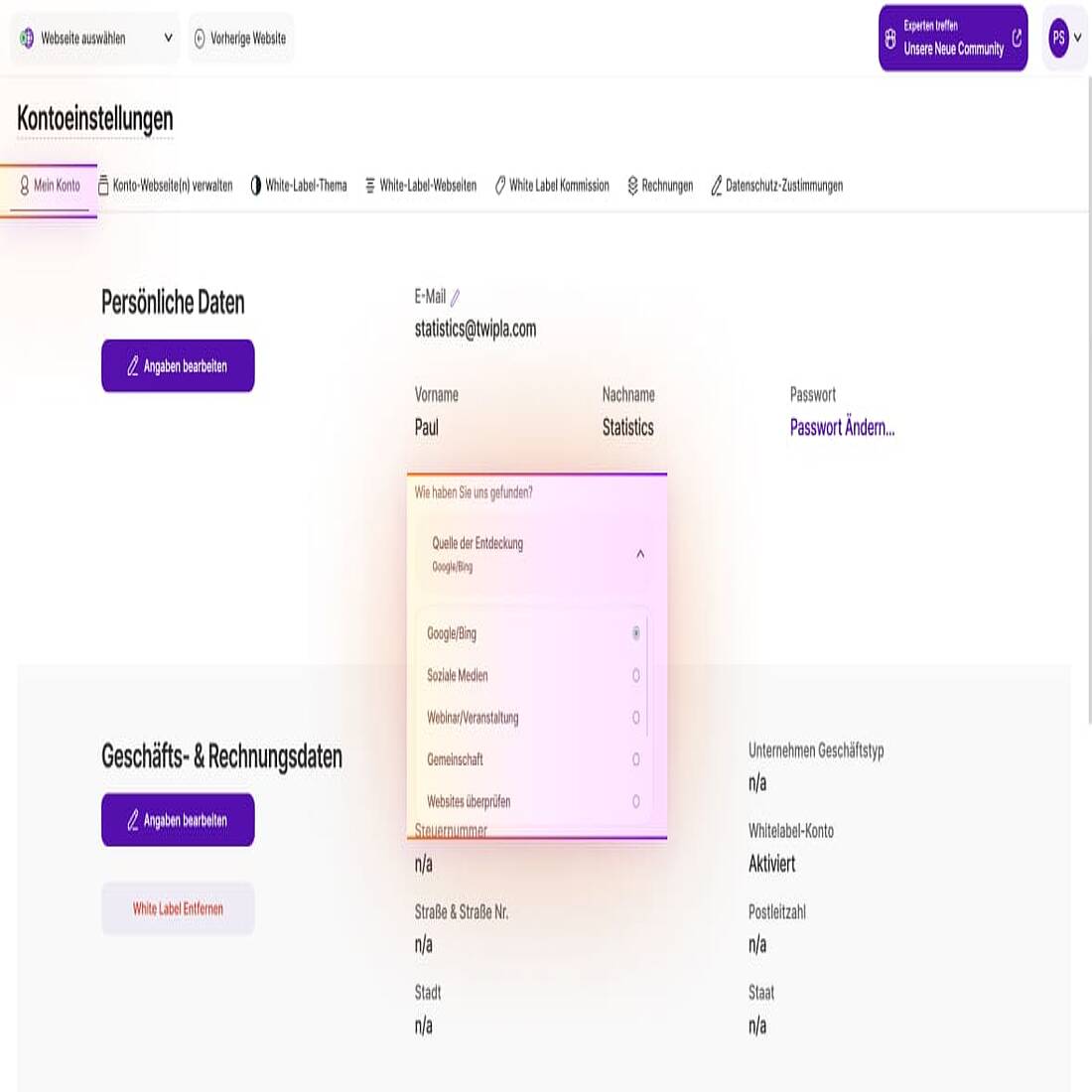 TWIPLA zusätzliche Informationen zu den Kontoeinstellungen