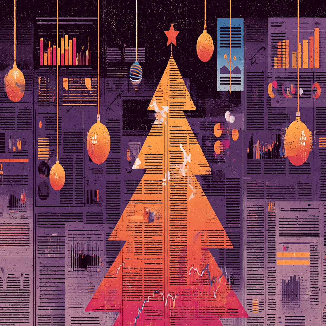 TWIPLA Platform News - December 2025 Illustration of a Christmas tree formed from data charts and analytics dashboards, with hanging ornaments and visual reports in the background