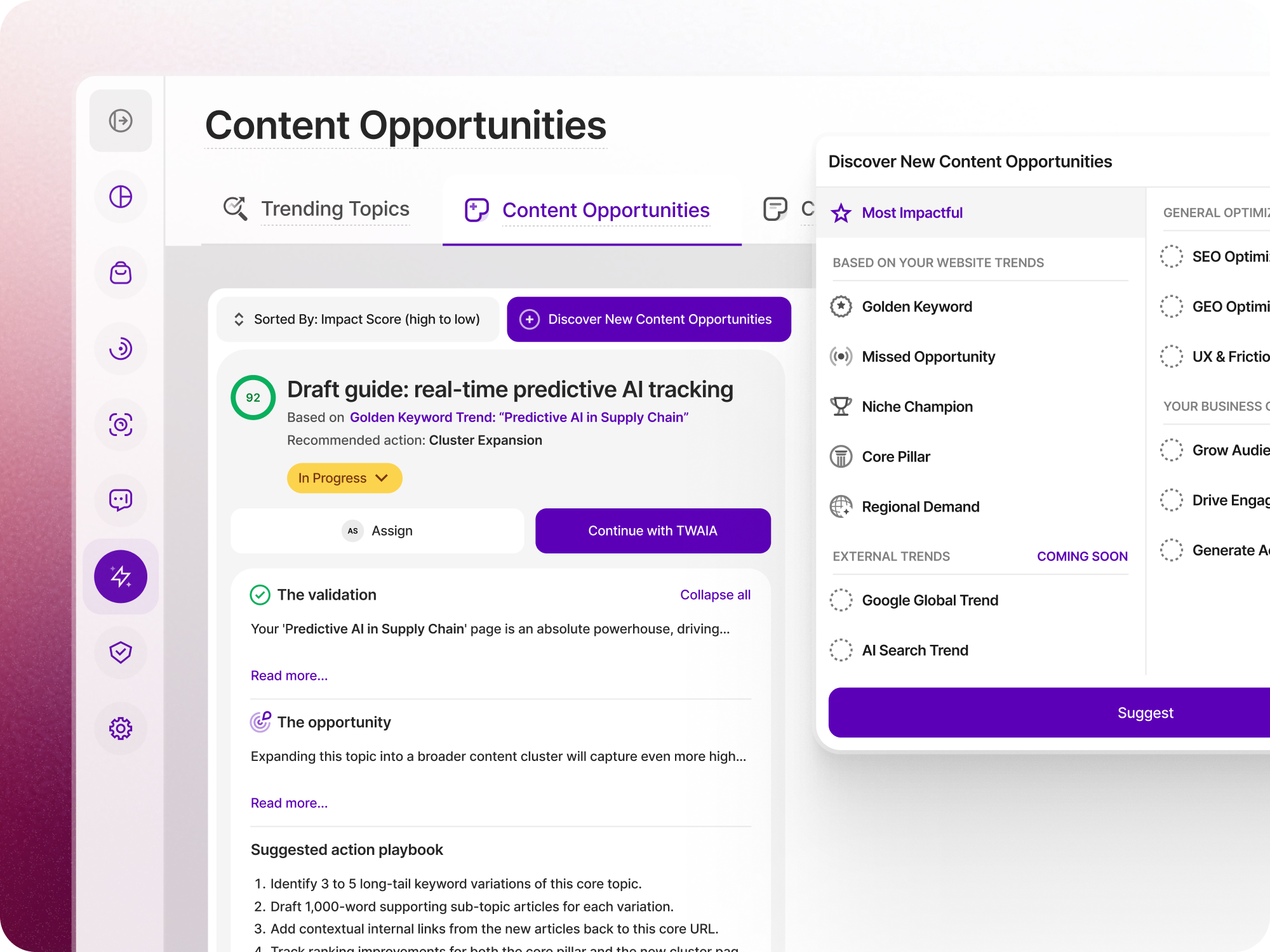 Content Opportunities | TWIPLA TWIPLA Growth Engine Content Opportunities showing an AI-suggested article with its supporting data and action playbook, next to a panel for discovering new opportunities by type, such as Golden Keyword and Missed Opportunity