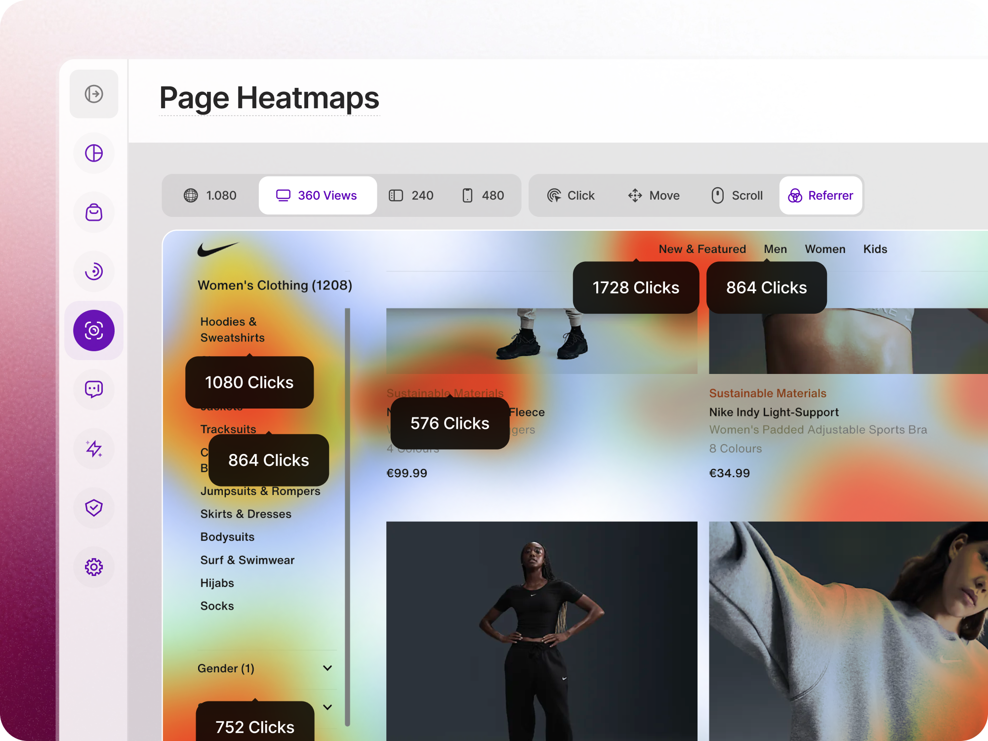 Heatmaps | TWIPLA TWIPLA click heatmap on a product page, with hot spots and click counts showing which elements visitors click most