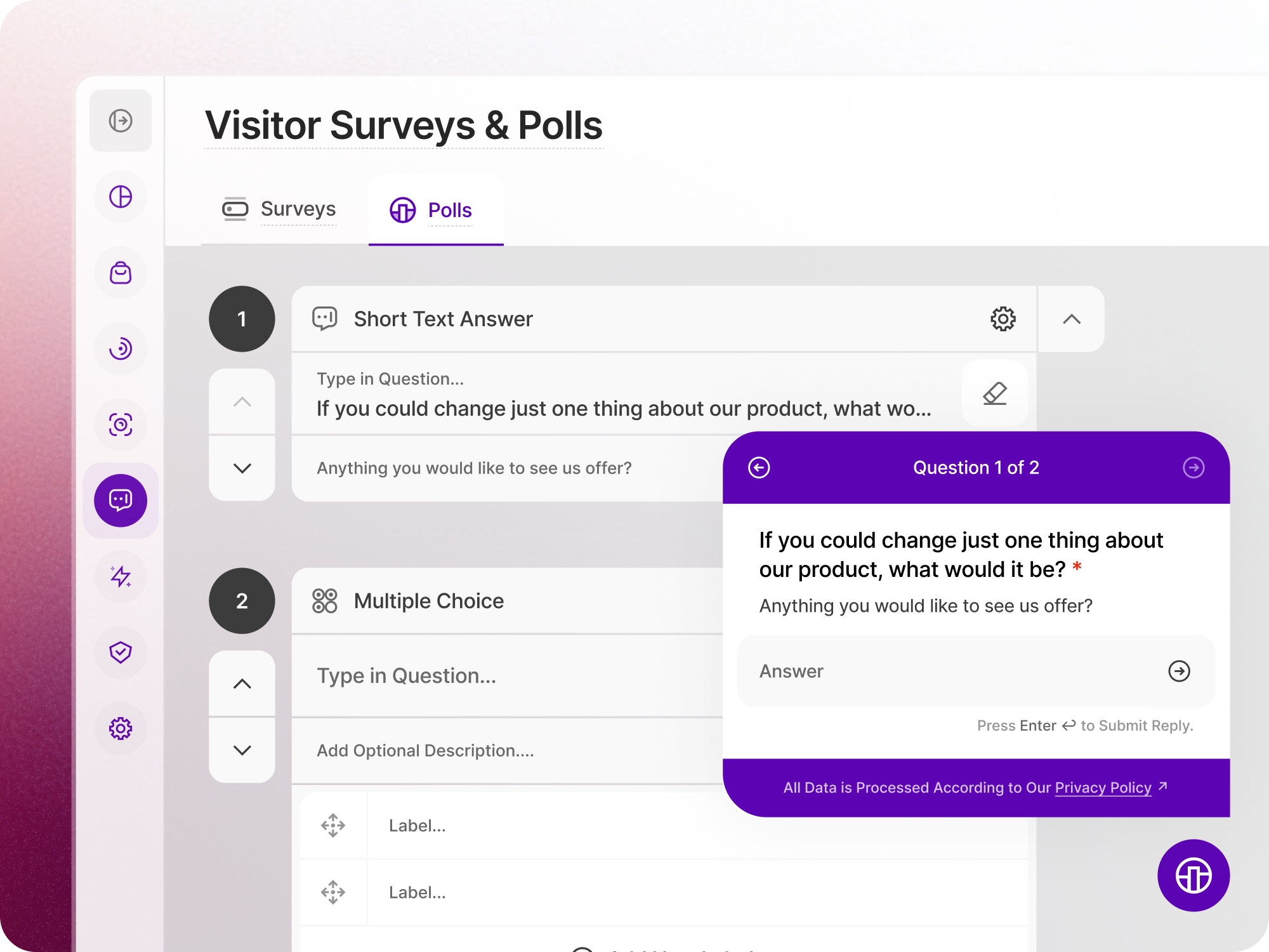 Visitor Surveys & Polls | TWIPLA TWIPLA survey builder with short answer and multiple choice questions, next to a live preview of the on-site poll visitors see