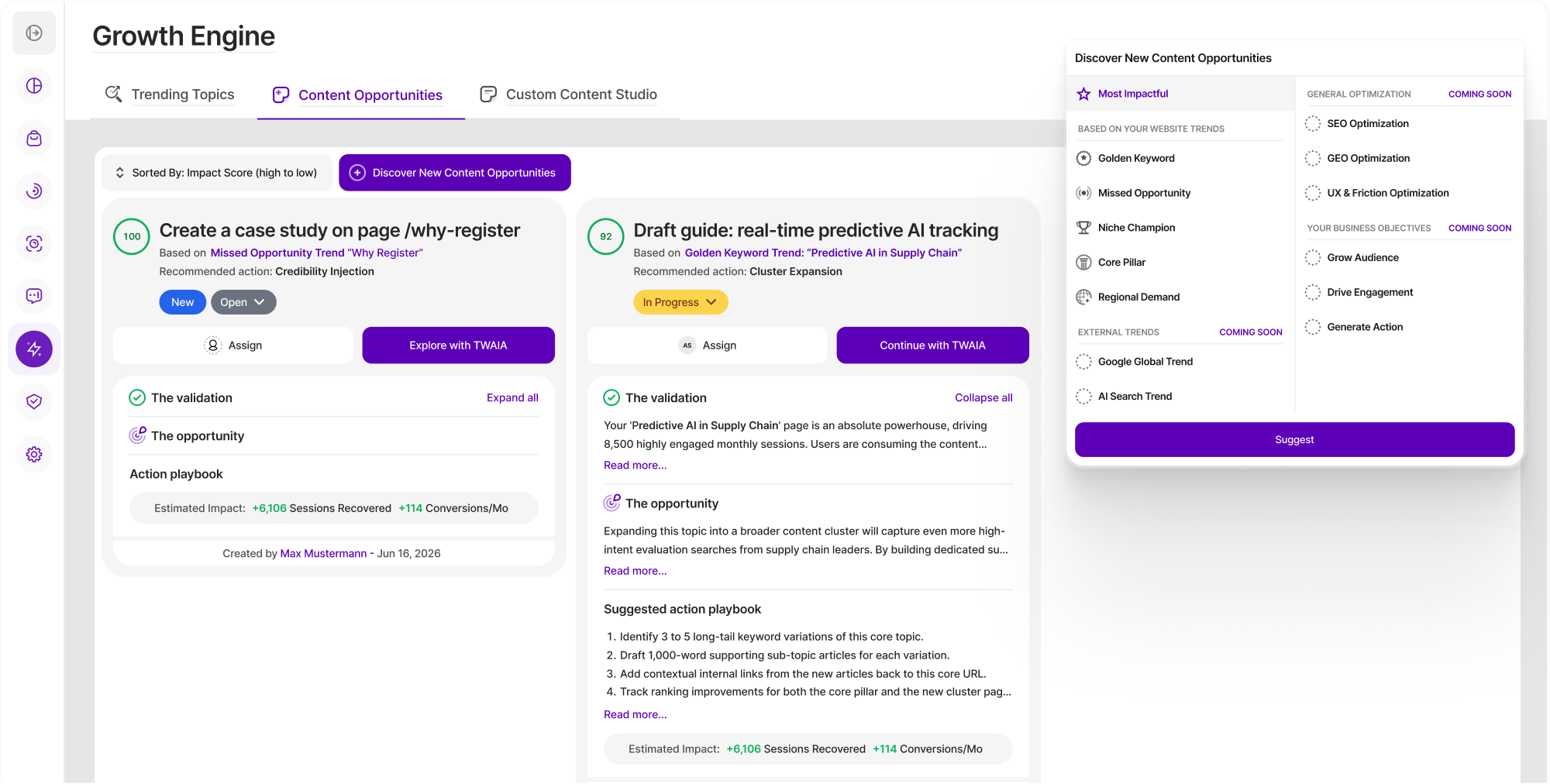 TWIPLA Growth Engine: AI recommendations for your website TWIPLA Growth Engine dashboard showing AI content opportunities ranked by impact score, each with a recommended action and estimated traffic and conversion gains