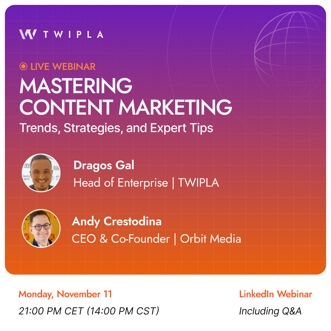 Mastering Content Marketing Webinar – TWIPLA Andy Crestodina webinar announcement graphic